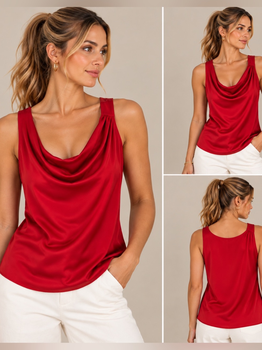 NWT Ramy Brook Zoe Cowl Neck Satin Top Red Sleeveless Size M